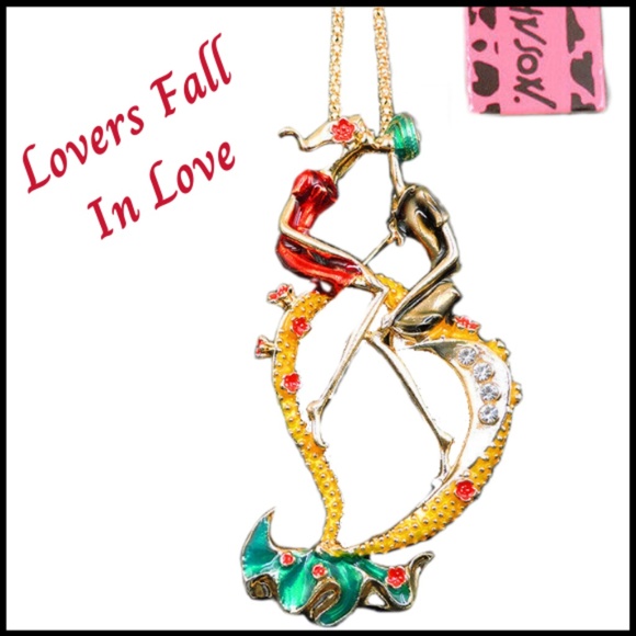 "Lovers Fall In Love"  Entwined Red & Gold Color Enamel Crystal Necklace /Brooch - Picture 1 of 5